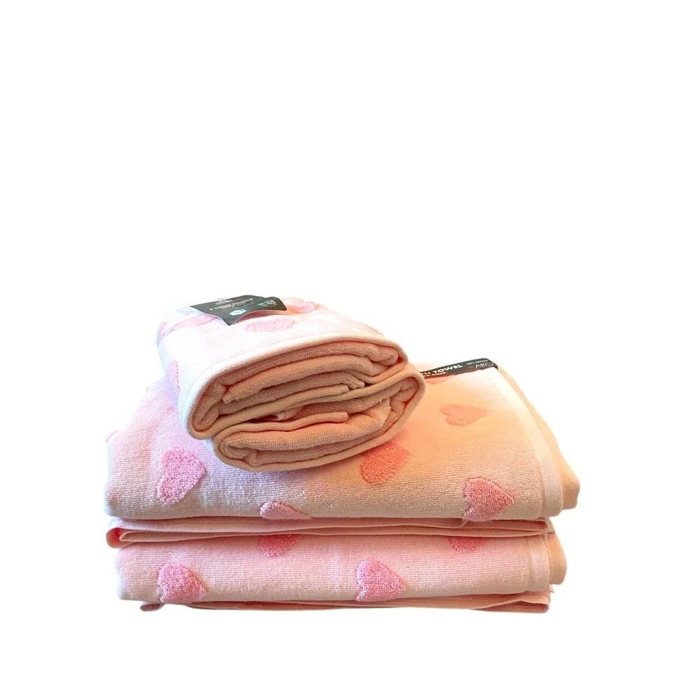 4pc Caro Home PINK HEART Cotton 2 Bath 2 Hand Towel Set Valentine's Day NEW